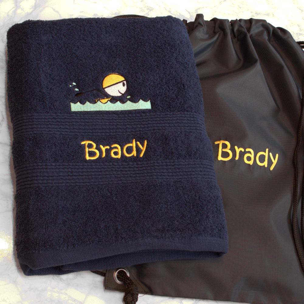 Swim Towel with Bag Personalised Navy Blue Towel and Bag