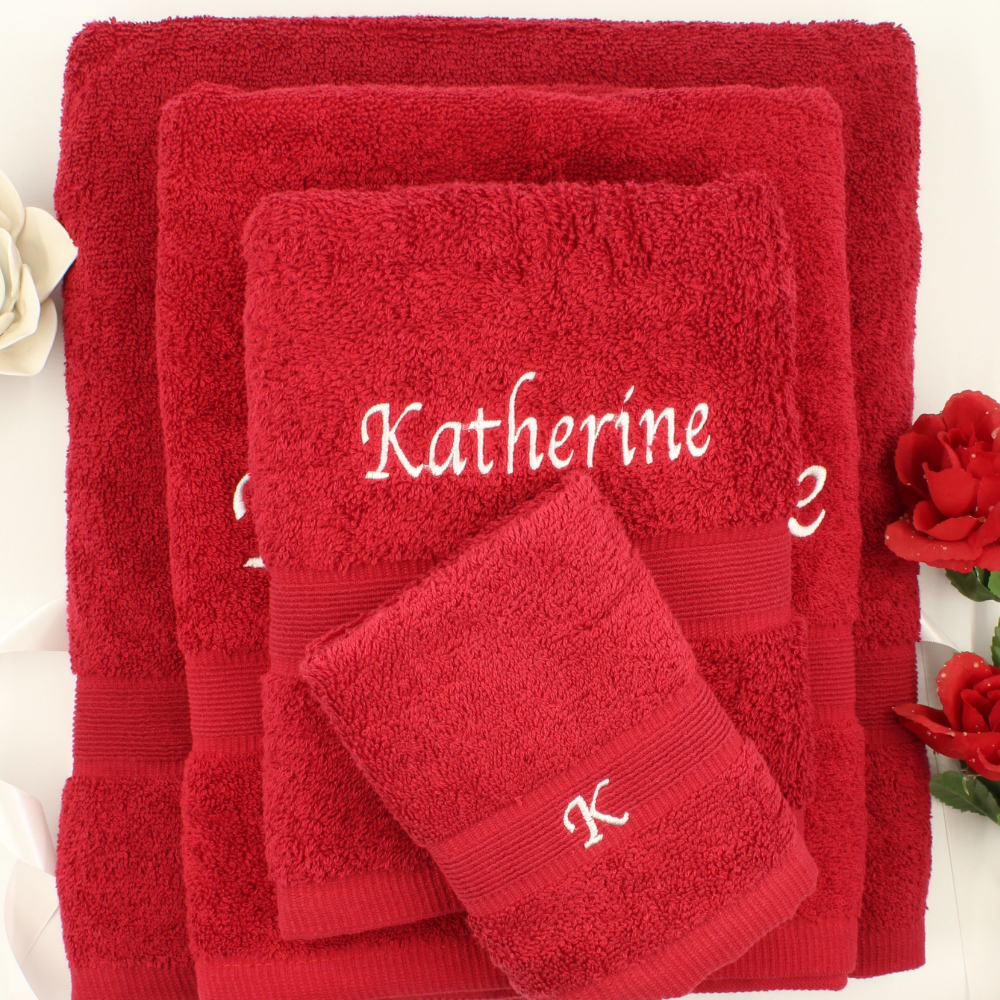 Personalised Towels Set Red 4pc Sheet Bath Hand Face