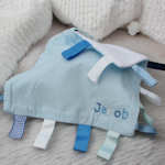 Personalised Baby Comforter Blue Ribbon Taggy Multicolour NamePersonalised Baby Comforter Bl