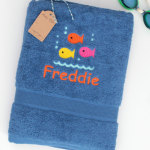 Personalised Swim Towel with Bag Royal Blue Fish Swimming Set
