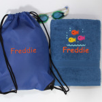 Personalised Swim Towel with Bag Royal Blue Fish Swimming Set