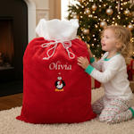 Personalised Christmas Sack Plush Fur Embroidered Penguin Sack