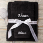 Personalised Towels With Ribbon Black Bath Hand Face Towel Set