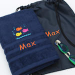 Personalised Swim Towel with Bag Navy Fishes Swimming Set