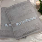 Personalised Bath Sheets Grey Towels Couples Gift Set