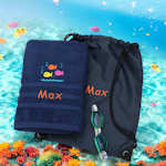 Personalised Swim Towel with Bag Navy Fishes Swimming Set