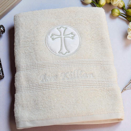 Cross Applique Towel Embroidered Communion or Christening Gift Towel